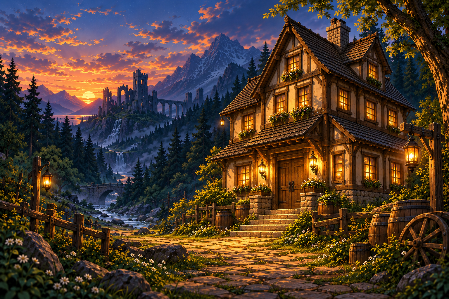 Die Taverne The Spirit bei Abenddämmerung vor einer Burgruine und einem hohen Berg